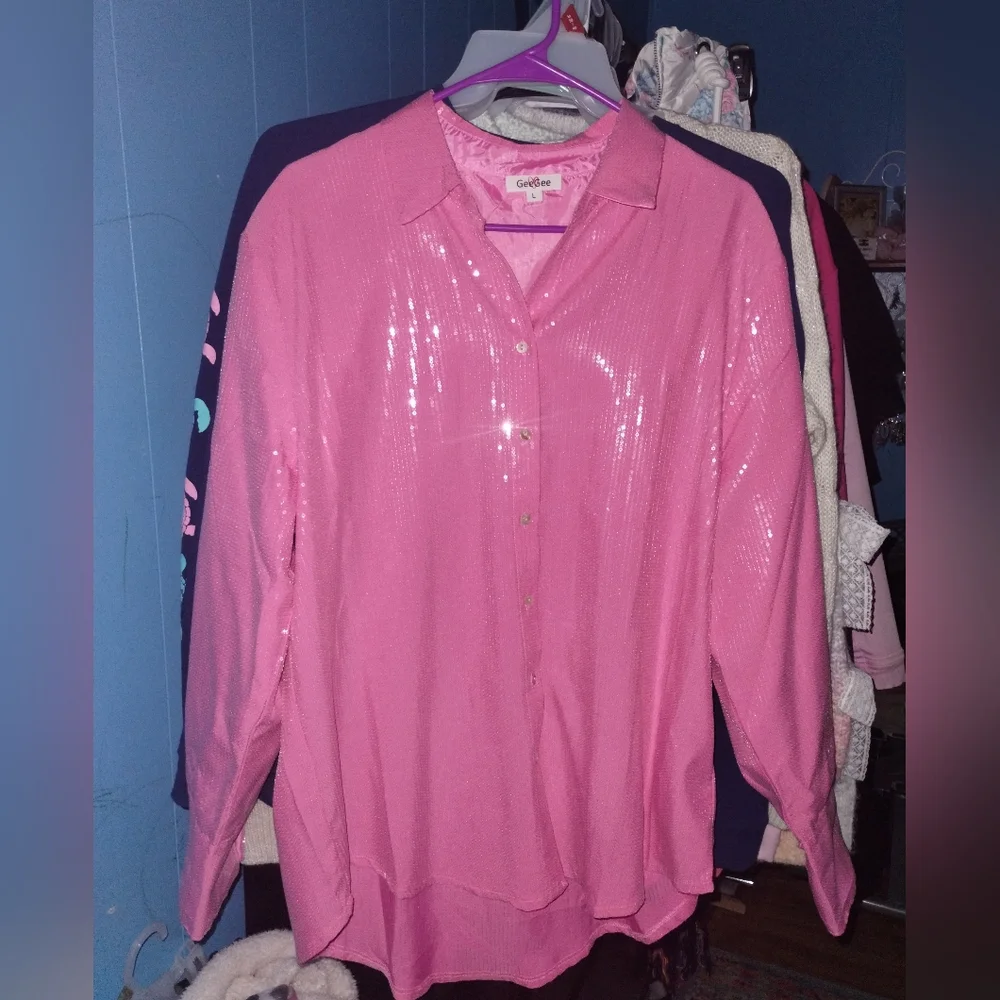 Pink Sequin Oversized Shacket NWOT - Picture 3 of 4